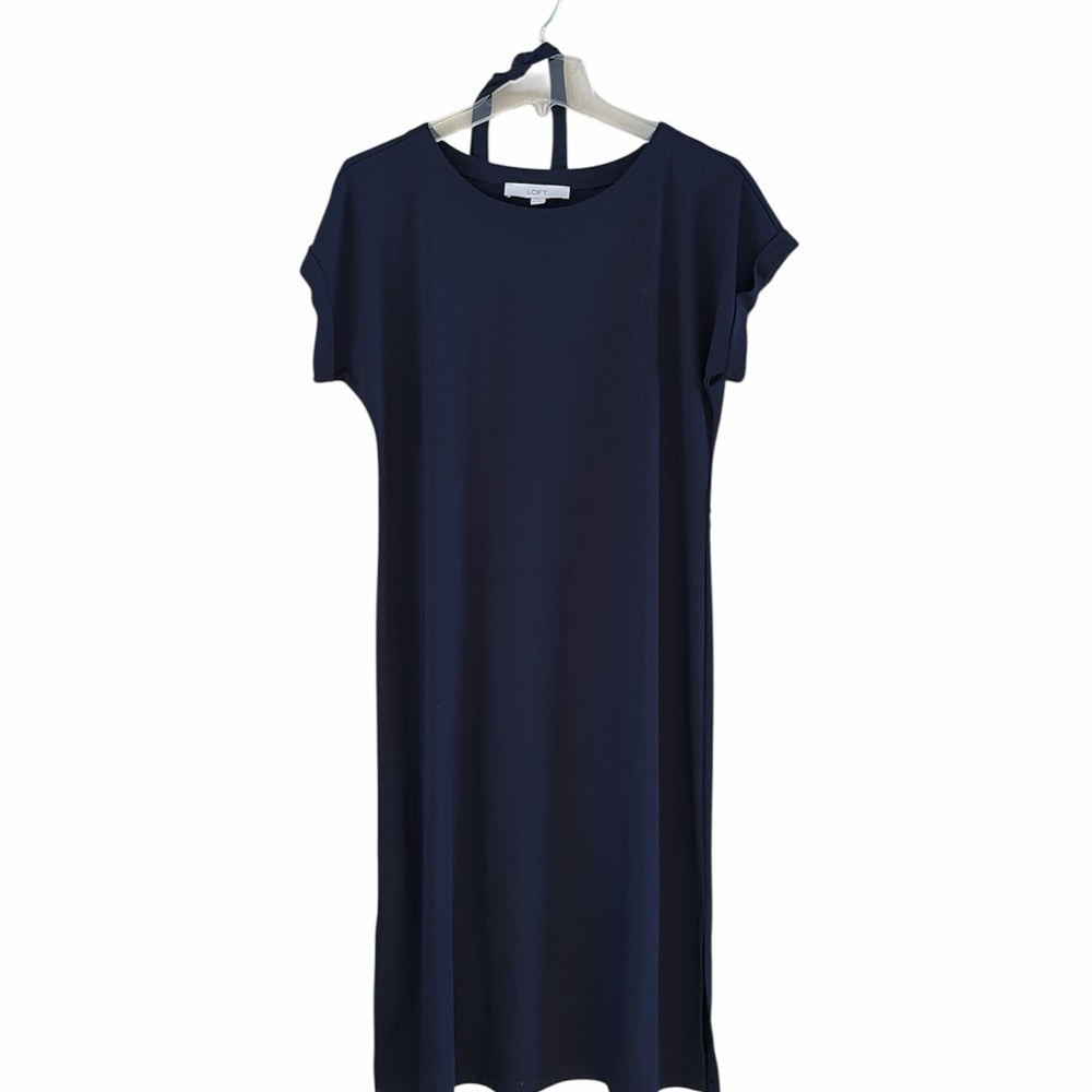 LOFT Classic Navy Midi Dress Knit Tie T Waistline Cap Sleeves Size Medium
